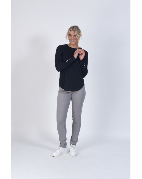 VASSALLI MERINO ROUND NECK TOP WITH DOME CUFF DETAIL