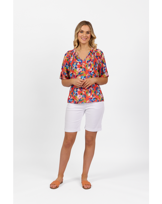 VASSALLI SHORT SLEEVE V NECK TOP WITH SHIRRED SHOULDERS