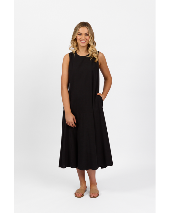 VASSALLI PLAIN LONG SLEEVELESS DRESS WITH ROUND NECK