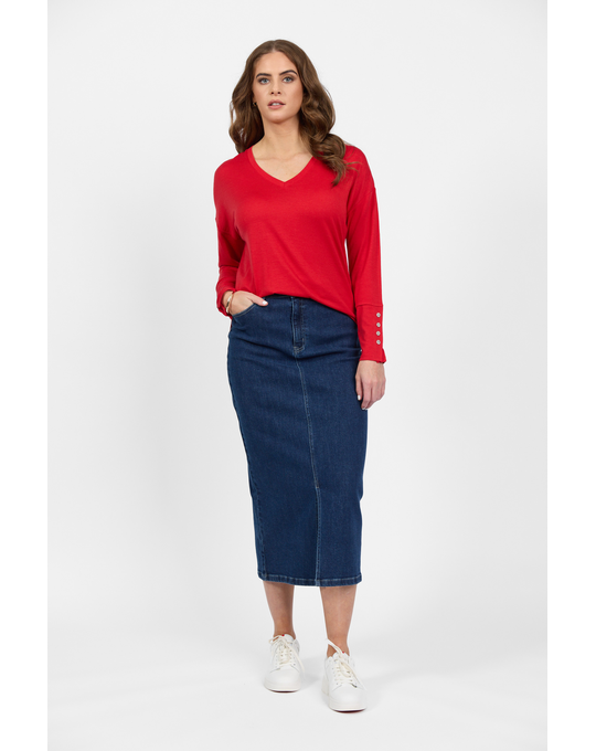 VASSALLI  MERINO V NECK TOP WITH BUTTON CUFF DETAIL