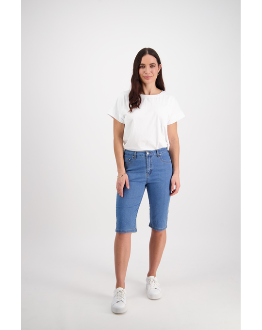 VASSALLI SLIM LEG CONTRAST STITCH DENIM SHORT