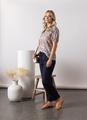 VASSALLI PRINTED V NECK TOP WITH FLOATY SLEEVE