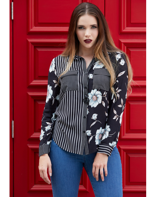 VASSALLI CONTRAST PRINT LONG SLEEVE SHIRT