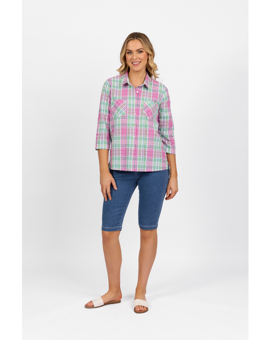 VASSALLI BUTTON FRONT GINGHAM SHIRT WITH TABS