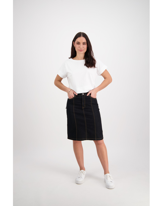 VASSALLI CONTRAST STITCH DENIM SKIRT Skirts Status Clothing